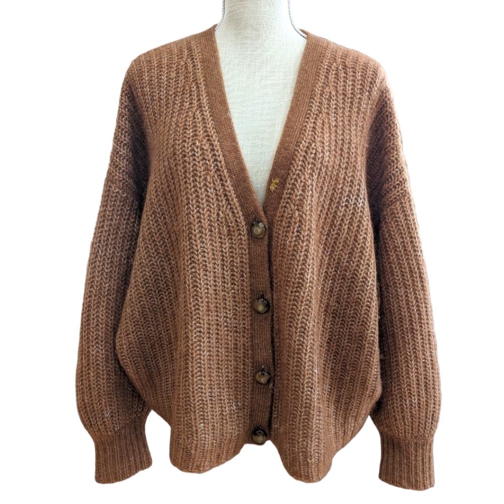Sezane Basile Cardigan Buttoned Size XL Mohair & Wool in Brown Boxy & Oversized